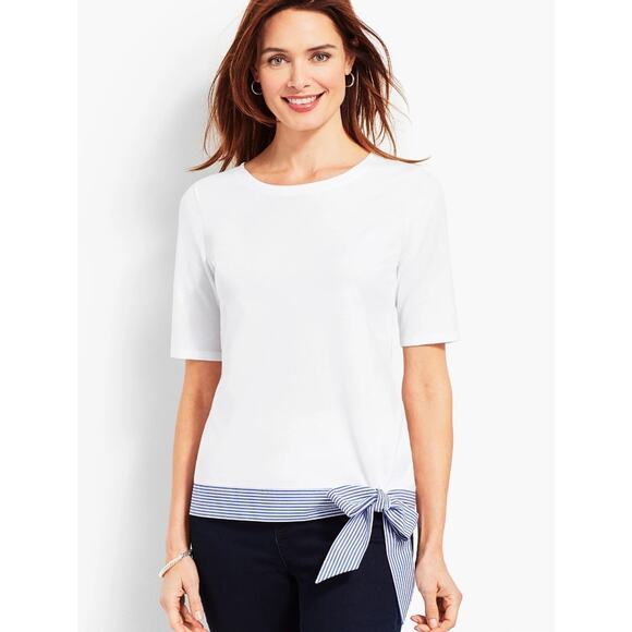 Talbots Tops - Talbots Womens Elbow Sleeve Tee Size Large White Blue Striped Hem Bow Tie Cotton
